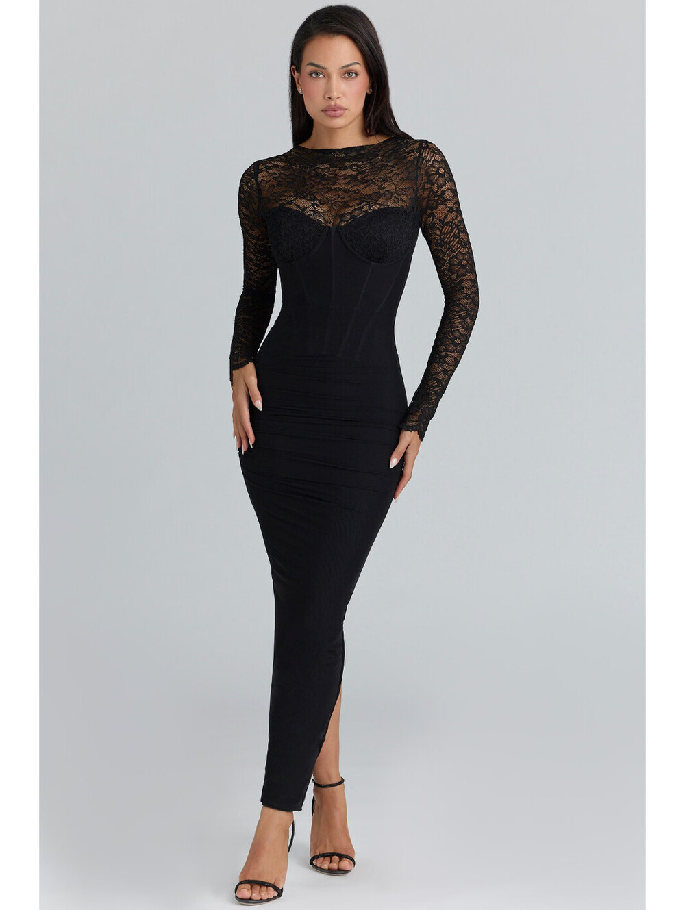 NEW, House of CB Shiloh Black Lace Long Sleeved Corset Maxi Dress Sz L #MD2657